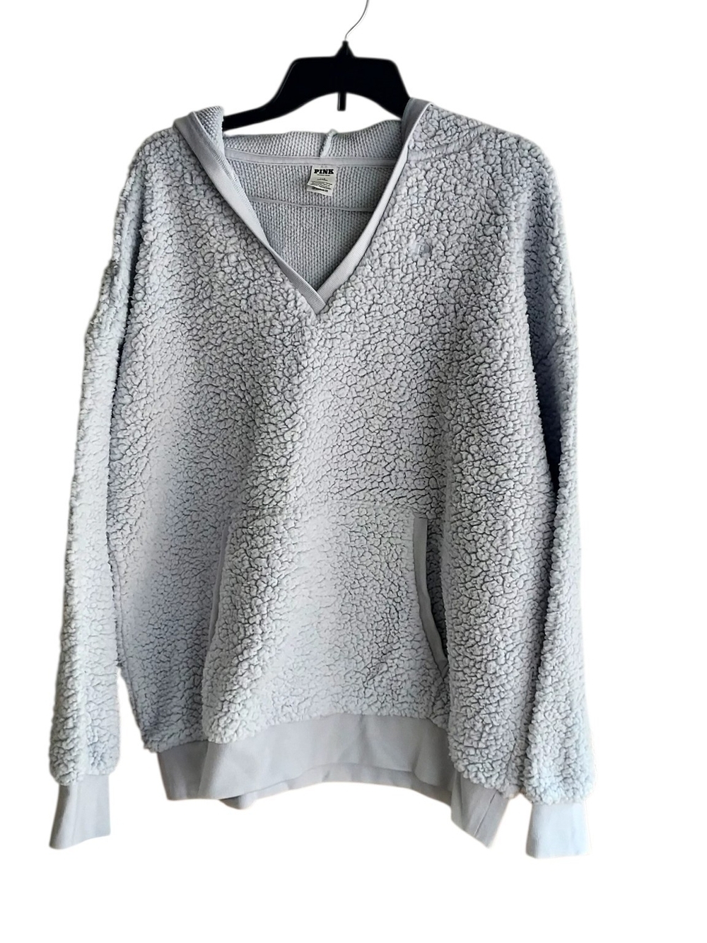 PINK Victoria's Secret Light Gray Sherpa V-Neck Hoodie